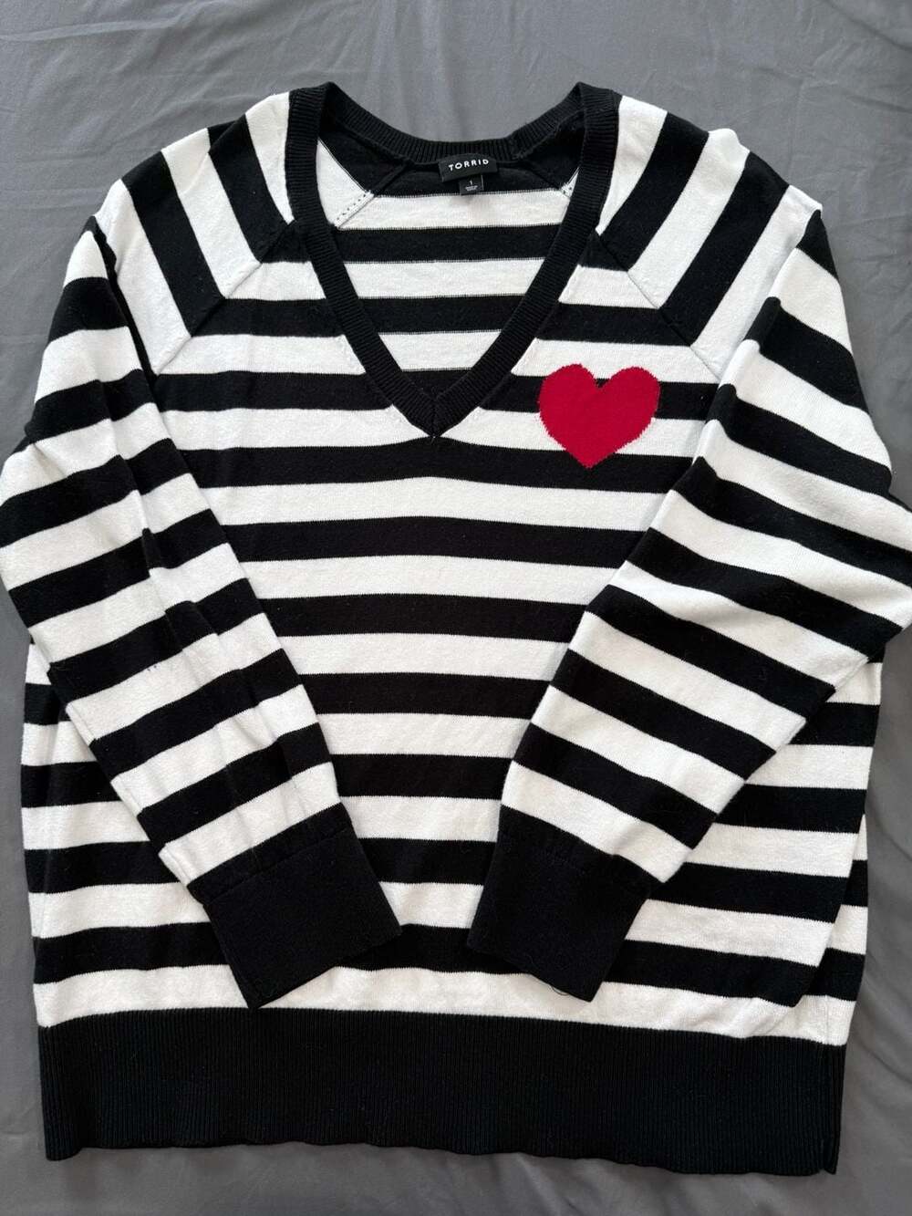 Torrid Black and White Striped V-Neck Heart Sweater